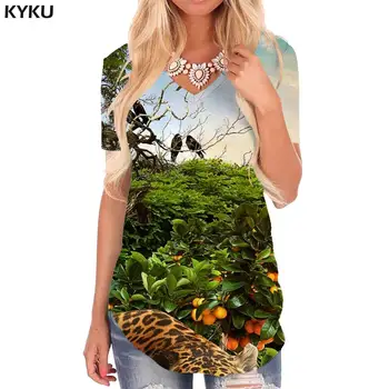 KYKU חיה טי-שירט נשים נמר הדפסת חולצה יער מצחיק חולצות Harajuku V-צוואר חולצת טי נשים בגדי אופנה מזדמנים צמרות