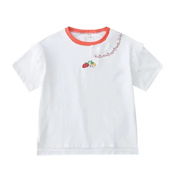 הקיץ החדש העיצוב המקורי נשים החולצה קפלים תחרה פירות רקמה חבר טוב בנות לבן כותנה טי מקסימום Tshirts