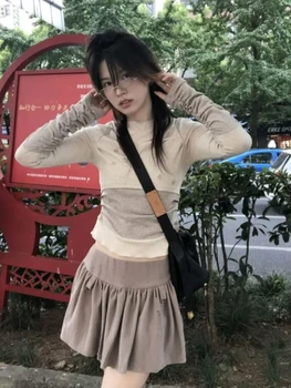 Harajuku טלאים טי-שירט נשים אופנה קוריאנית סלים חולצות שרוול ארוכות, חולצות טי Y2k גבירותיי בציר גזורה אסתטי Camisetas
