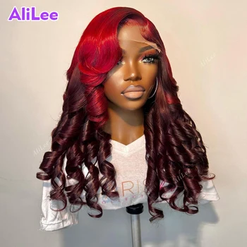 AliLee 5x5 תחרה סגר את הפאה Ombre אדום בורדו צבע המלזי מתולתל גלי פאות 13x6 תחרה קדמית שיער אדם פאות עבור נשים שחורות.