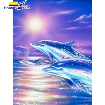 PhotoCustom 5D DIY יהלום פסיפס דולפין יהלום ציור נוף רקמה לחצות סטיץ ריינסטון תמונה עבודת יד מתנה