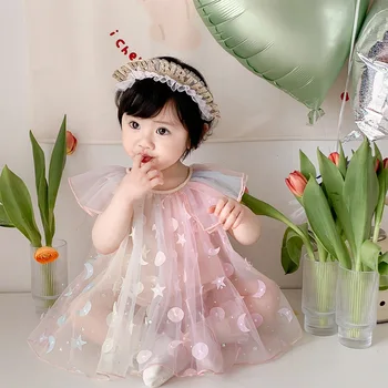 2023 הנסיכה הקיץ Rompers עבור תינוקות בנות פעוטות הגרדיאנט טול אפליקציות סרבלים ילדים חמודים 1 יום הולדת Partywear