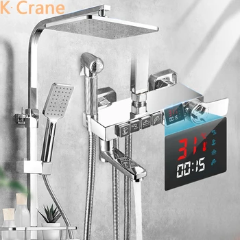 Thermostatic מערכת מקלחת שירותים רכוב קיר LED דיגיטלי מקלחות להגדיר חם מים קרים מיקסר לאמבטיה ברז ראש מרובע גשמים