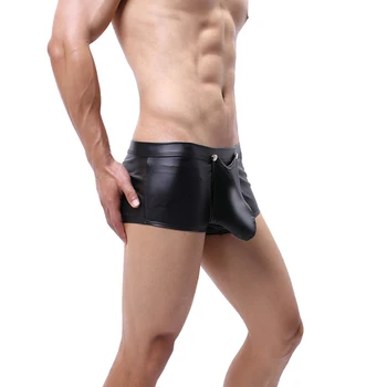 מותג גבר סקסי תחתונים בוקסר Boxershorts דמוי עור פתח חזית גדול הפין נרתיק תחתונים תחתונים הומו ארוטי הלבשה תחתונה