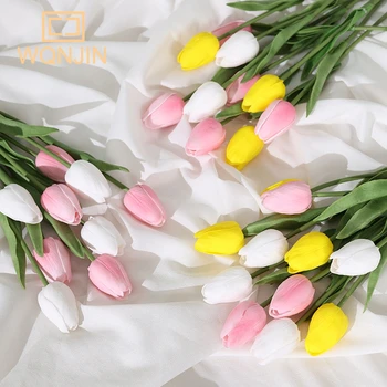 5Pcs Pu צבעוניים פרחים מלאכותיים מגע אמיתי לבן ורוד טוליפ פרחים מלאכותיים לקישוט הבית חתונה כלה זרי פרחים, סידורי פרחים