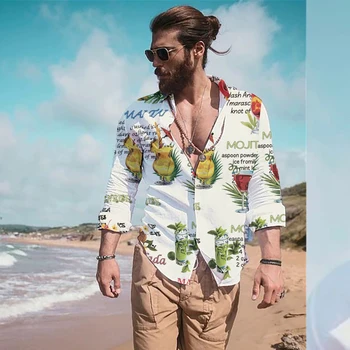 קיץ אופנה חדשה גברים שרוול ארוך חולצה רחוב פנאי מסיבת קוקוס הדפסת 3D אחת עם חזה החוף הוואי Harajuku החולצה