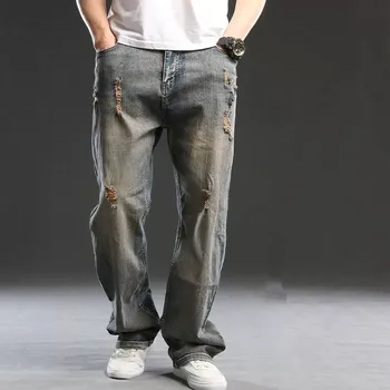 ג 'ינס של גברים בתוספת גודל 44 גברים חור מכנסי ג' ינס אופנה חופשי ישר נקרעו המכנסיים זכר ג ' ין מכנסי גברים ביגוד