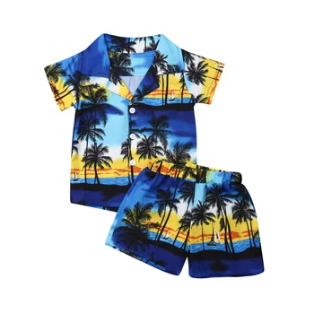 2019 חדש פעוטות ילדים ילד בגדי קיץ סטים עץ קוקוס להדפיס חולצה+מכנסיים קצרים מכנסיים תלבושות