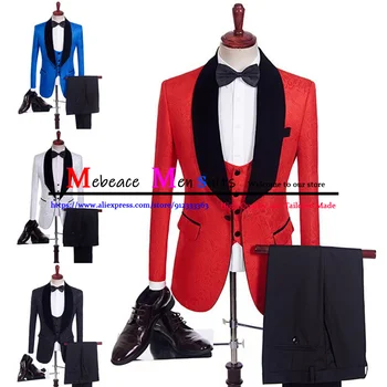 אדום אקארד הצעיף דש חליפות גברים לחתונה טוקסידו חתן סלים השושבין בלייזר 3 ערכות קטע תחפושת הביתה(ז ' קט + אפוד +מכנסיים)